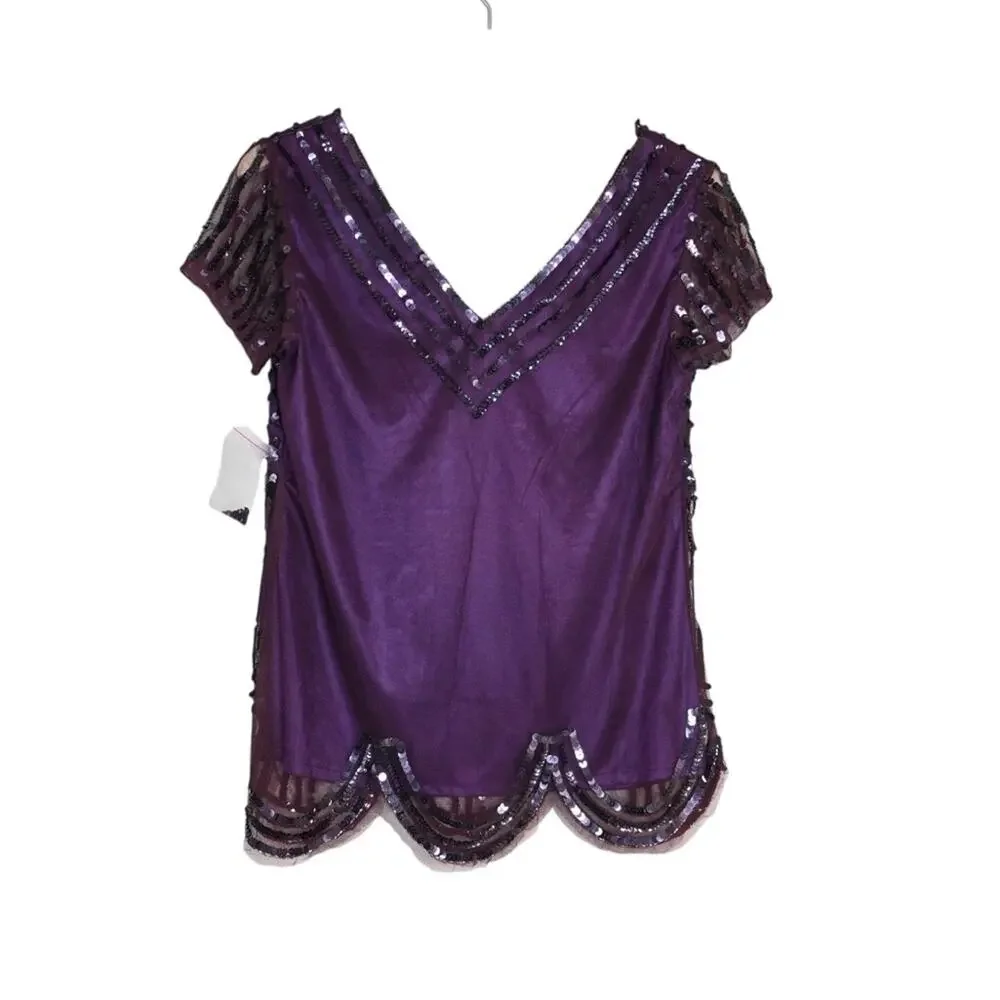 Cache Womens M Purple Short Sleeve Sequin Evening Cocktail Blouse NEW - Picture 2 of 9